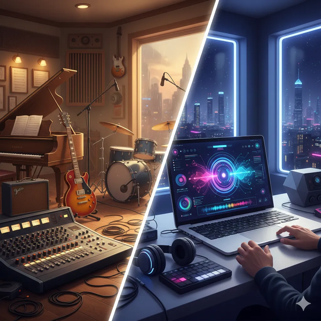 Split screen showing traditional music studio next to a laptop with AI music interface.