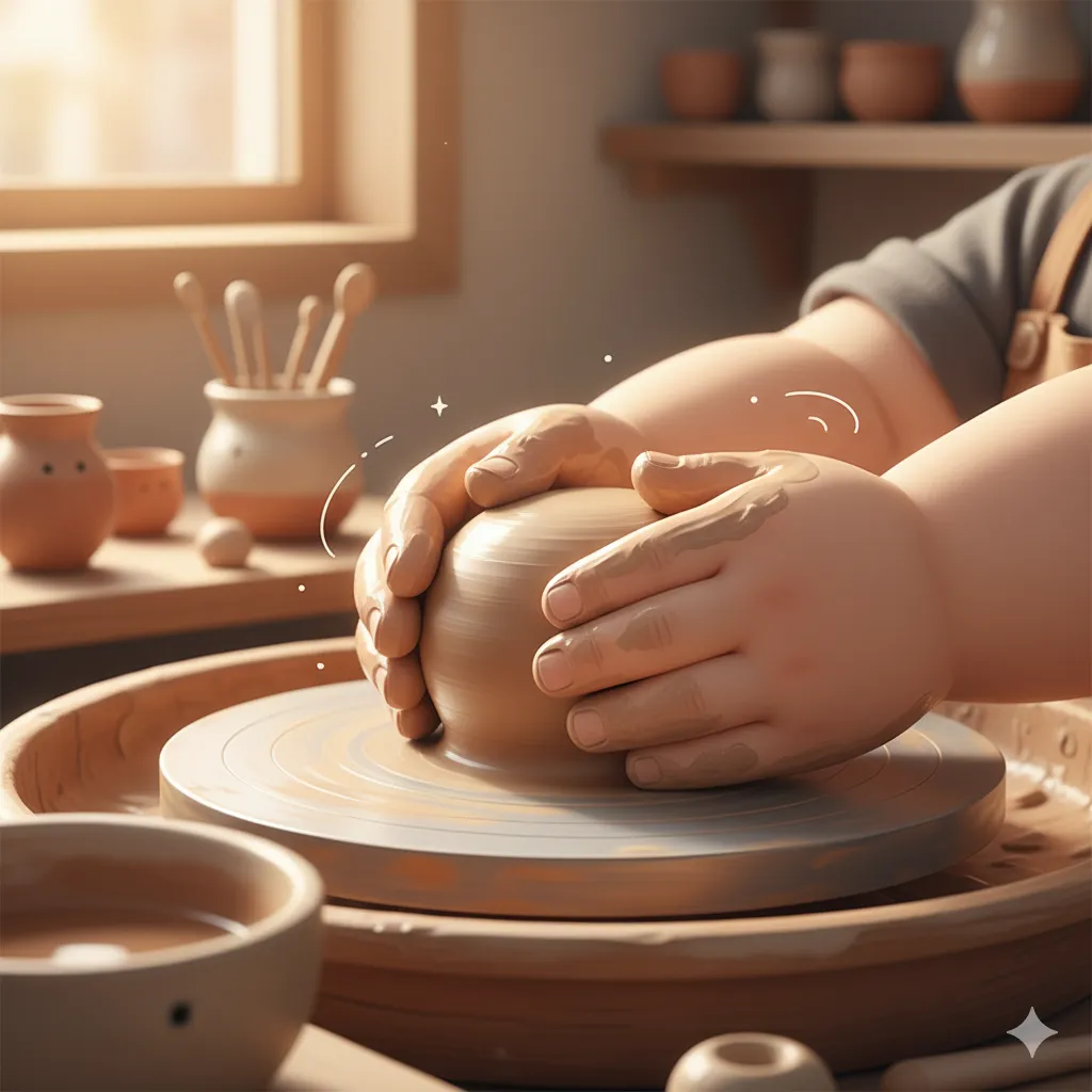 Skilled hands gently adjusting and shaping clay on a spinning pottery wheel.