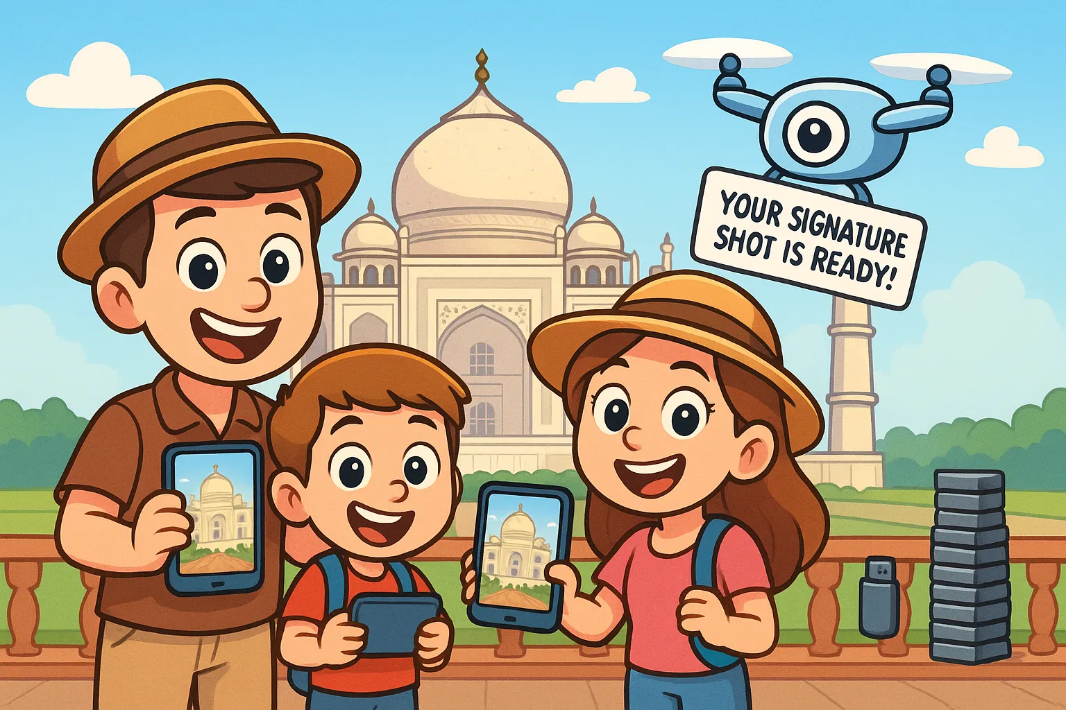 Concept mock: phone offers a curated, signed landmark photo with your group composited in